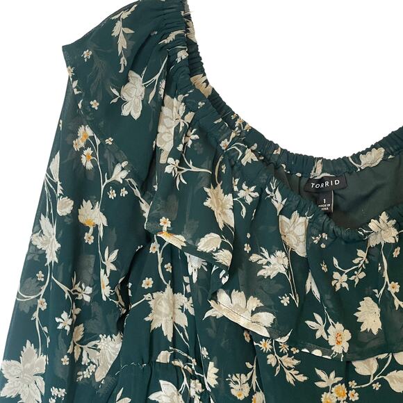 Torrid Off the Shoulder Skater Dress Women's Size 1X Green Floral Bardot Boho - Picture 4 of 10